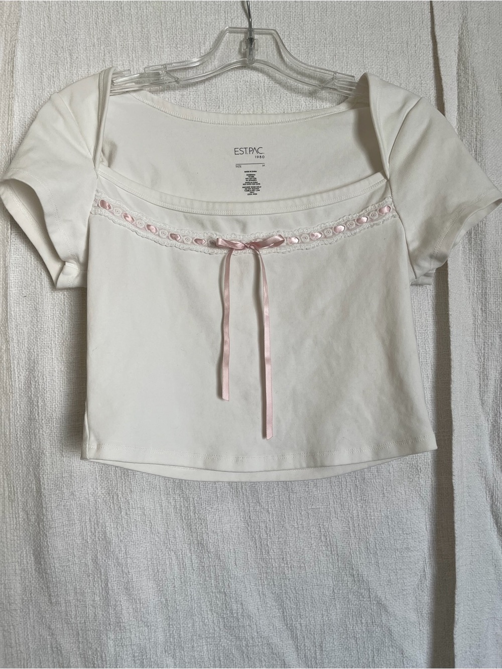 PacSun White Square Neck Crop Top with Pink Ribbon Trim